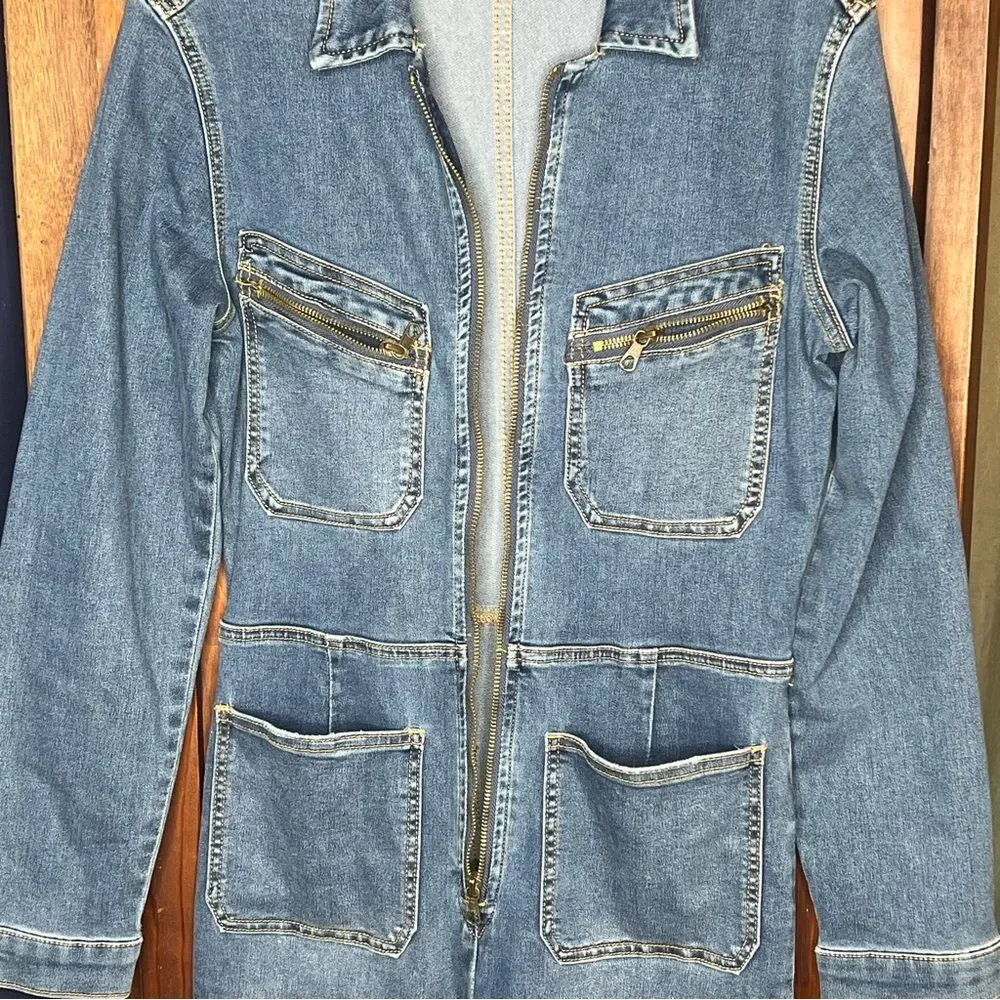 Free People Lennox Blue Denim Coverall Jumpsuit Zip Front Utility Fitted M